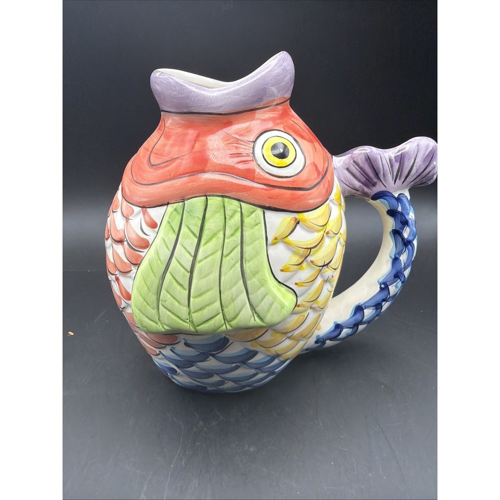 Vintage Chinese Koi Colorful Hand Painted Ceramic Fish Pitcher 9"